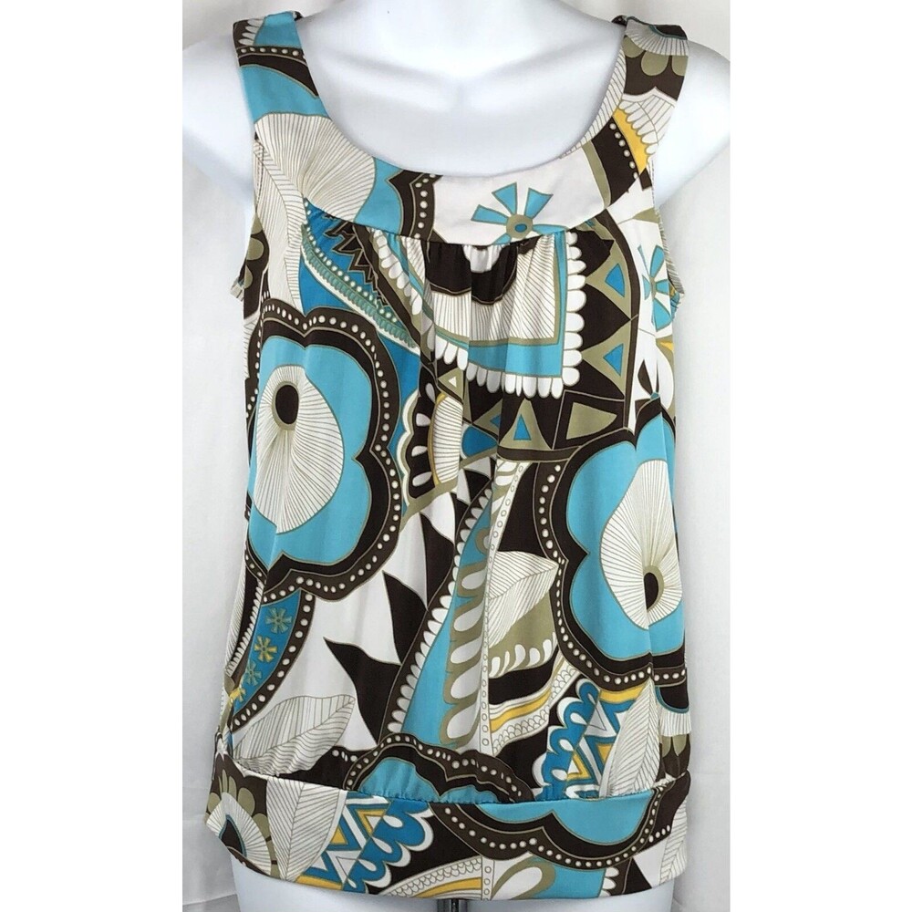 Vintage 90s BCX Sleeveless Tank Top S Aqua Blue Mod Geo Funky Retro Hippie Art